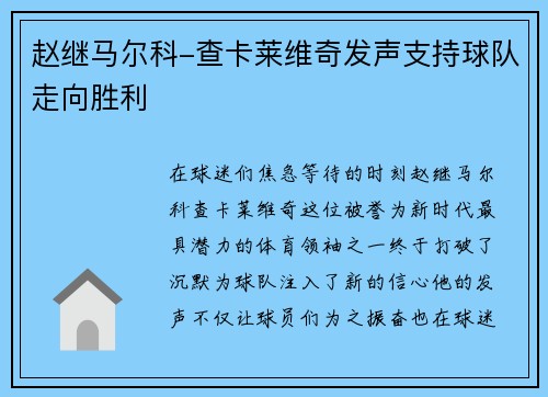 赵继马尔科-查卡莱维奇发声支持球队走向胜利